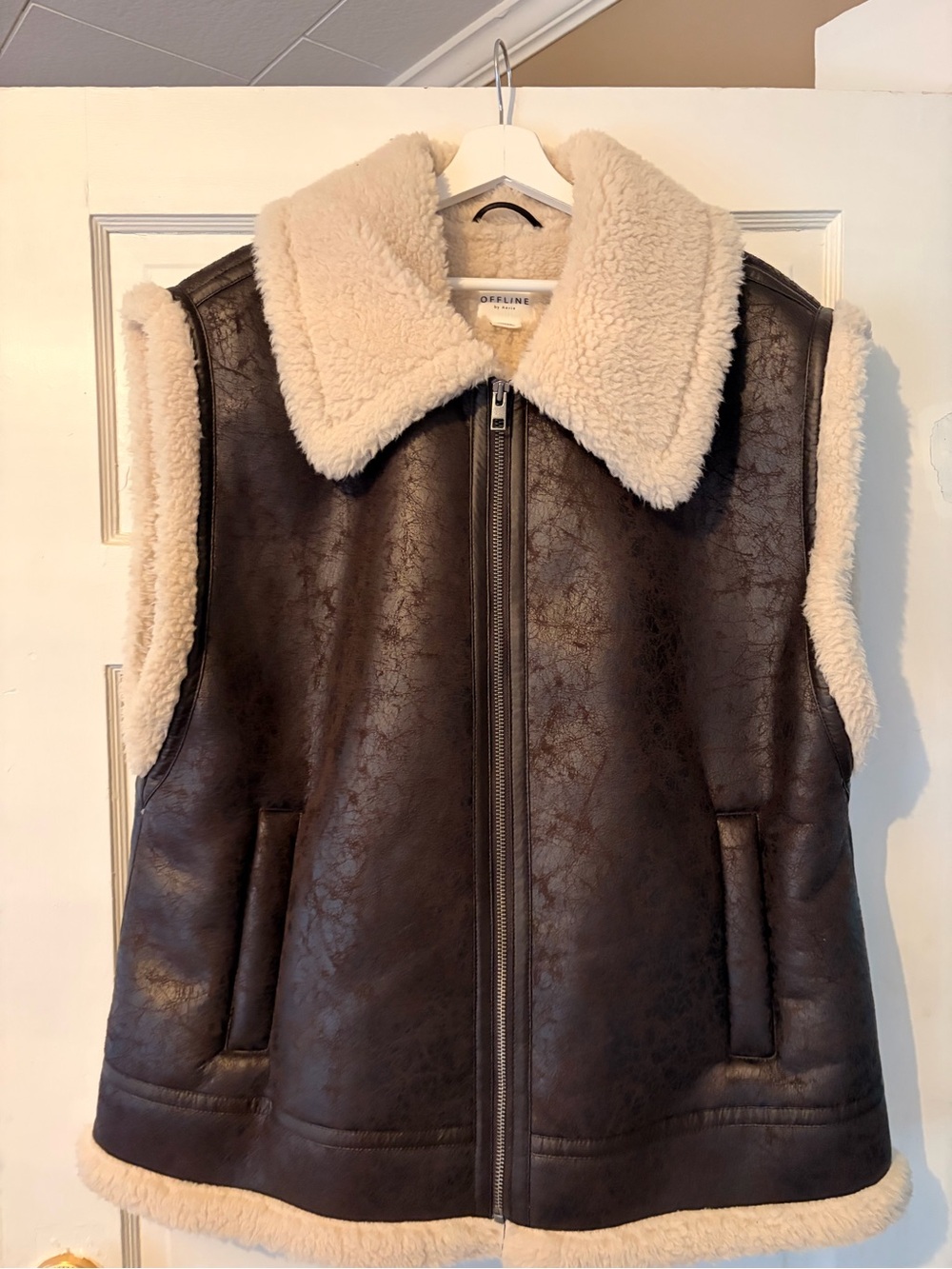 aerie Brown Faux Leather Vest with Cream Shearling Trim